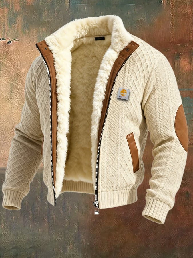 Herren-Outdoorjacke mit Retro-Textur und Jacquard-Strick, warm, mit mehreren Taschen