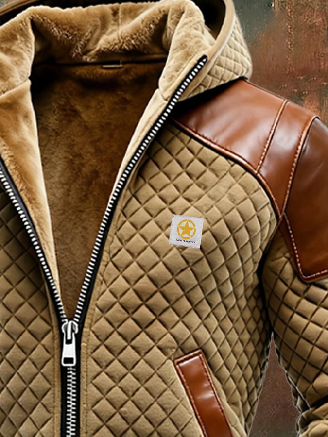 Herren-Outdoorjacke aus Leder im Vintage-Diamant-Karomuster