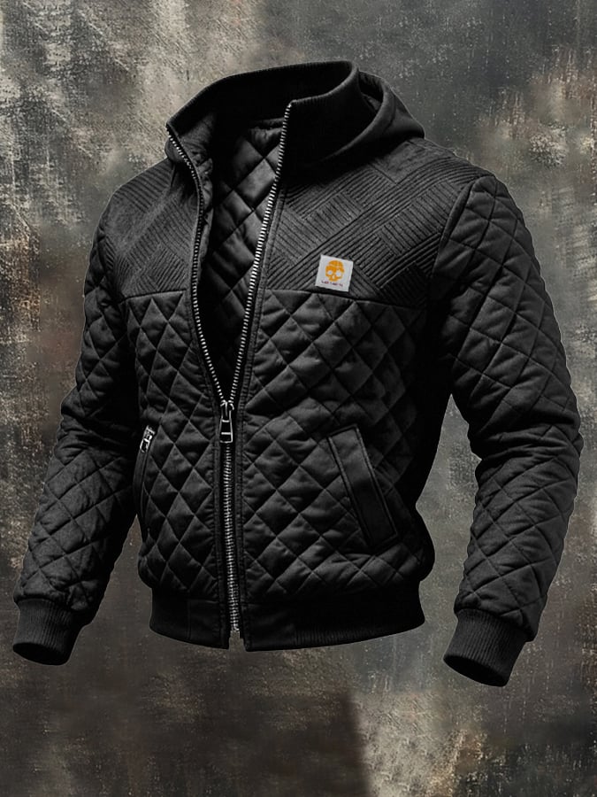 Retro-Steppjacke für Herren, Patchwork-Strickjacquard, mehrere Taschen, Outdoor-Ausführung