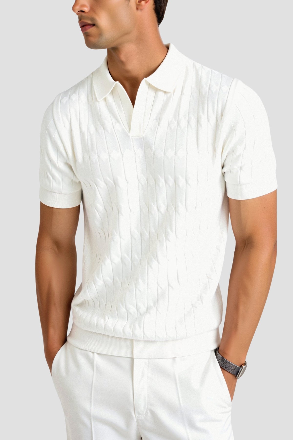 Polo en maille torsadée à col en V premium – Maison Clément Paris