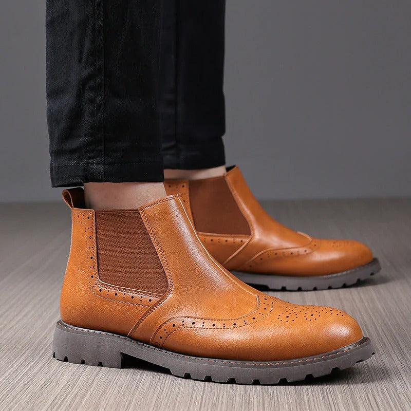 Bottines Chelsea pour Hommes – Cuir PU Marron – Brogue à Profilé avec Semelle Structurée