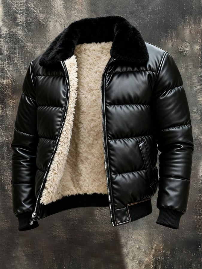 Vintage Herren-Outdoorjacke aus warmem, weichem Leder mit großem Pelzkragen