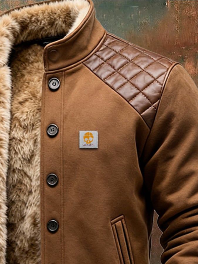 Retro-Lederjacke für Herren, gesteppt, Patchwork, mit vielen Taschen