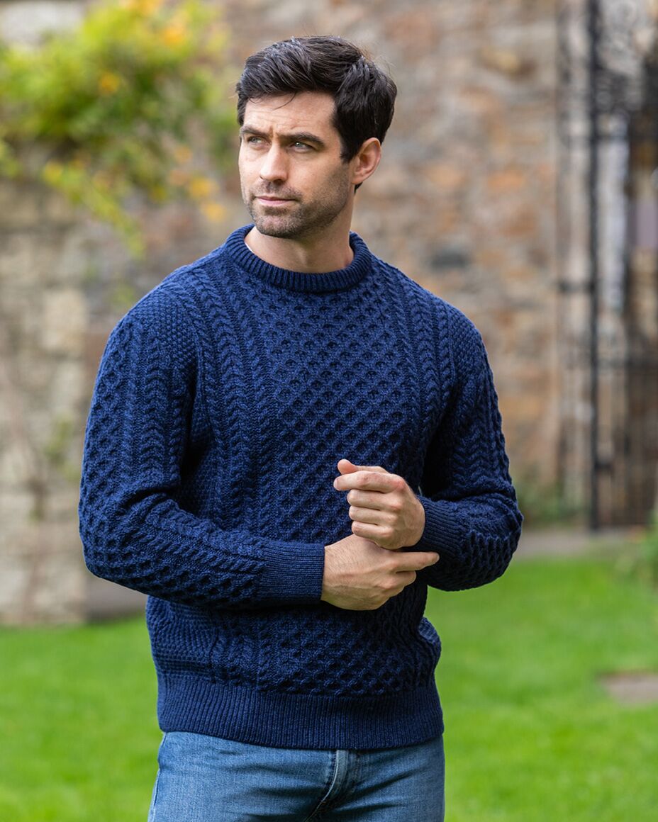 Rodrigo - Pull homme Old Money en maille torsadée Crewneck – Bleu / Blanc en laine mérinos