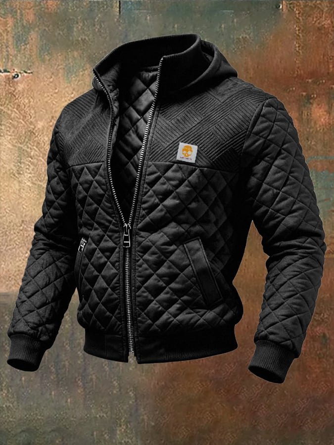 Retro-Steppjacke für Herren, Patchwork-Strickjacquard, mehrere Taschen, Outdoor-Ausführung