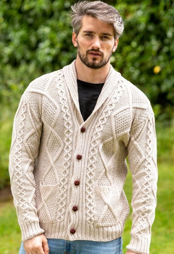 Carlos - Pull en V en maille torsadée pour homme - Beige