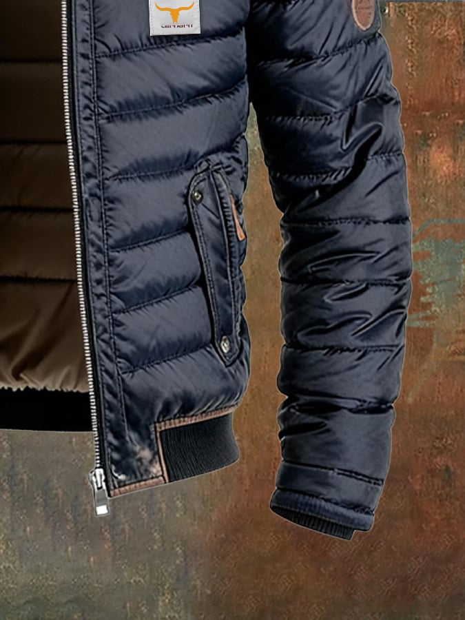 Herren Retro Leder Stepp-Patchwork Warme Reißverschluss Outdoorjacke