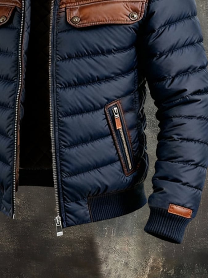 MAISON CLÉMENT PARIS™ | VESTE MATELASSÉE BLEU MARINE À EMPIÈCEMENTS EN CUIR