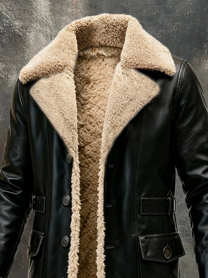 Herren Retro Plüsch Warm Großes Revers Lange Jacke Windbreaker