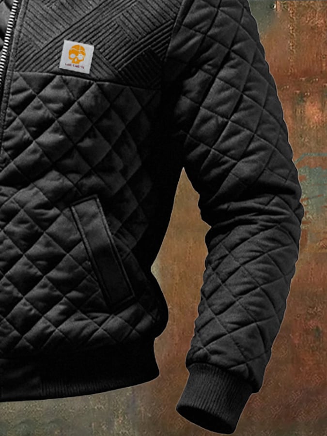 Retro-Steppjacke für Herren, Patchwork-Strickjacquard, mehrere Taschen, Outdoor-Ausführung