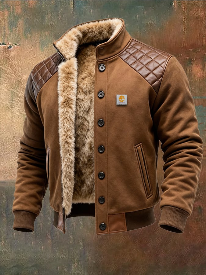 Retro-Lederjacke für Herren, gesteppt, Patchwork, mit vielen Taschen