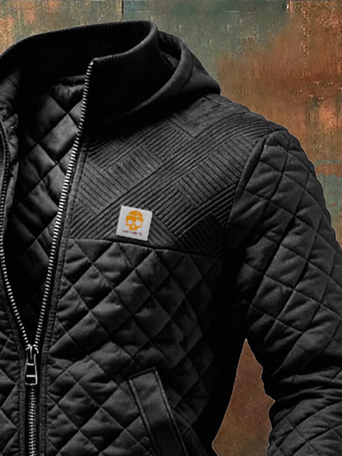 Retro-Steppjacke für Herren, Patchwork-Strickjacquard, mehrere Taschen, Outdoor-Ausführung