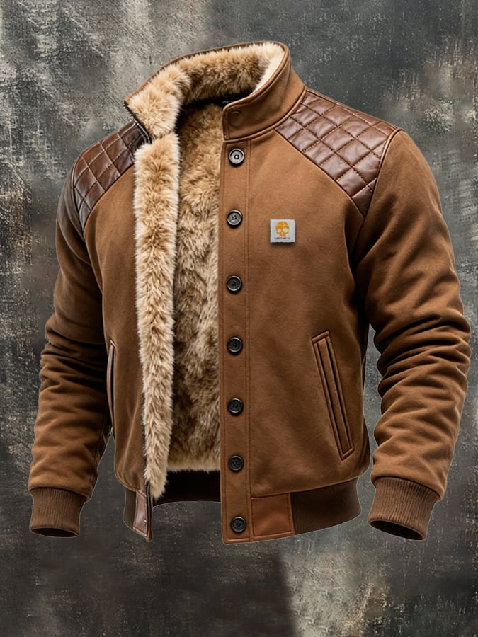 Retro-Lederjacke für Herren, gesteppt, Patchwork, mit vielen Taschen