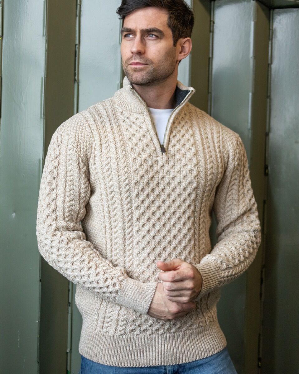 Eduardo - Pull homme à demi-fermeture éclair Old Money en maille torsadée - Bleu / Vert / Beige