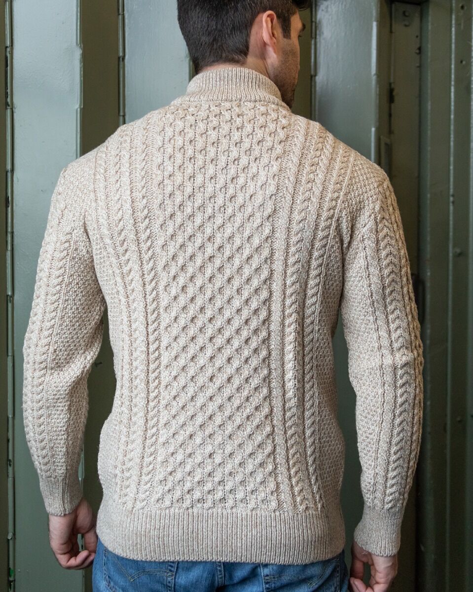 Eduardo - Pull homme à demi-fermeture éclair Old Money en maille torsadée - Bleu / Vert / Beige