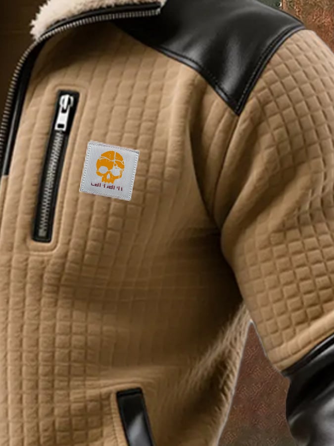 Herren-Outdoorjacke mit Retro-Struktur und quadratischem Karomuster, warm und mit mehreren Taschen