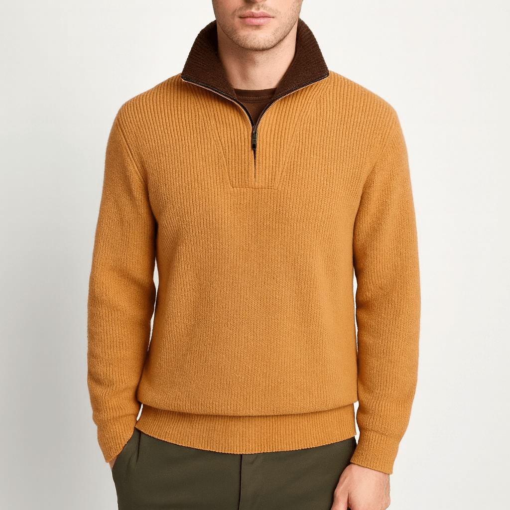 Pull Homme Half Zip – Pull en Maille Camel avec Col