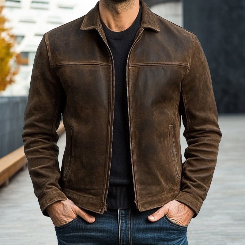 Veste en cuir pour hommes – Veste classique slim fit avec fermeture éclair, noire, vert armée ou brune