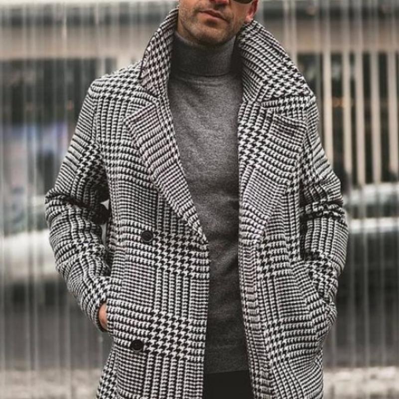 Manteau pour homme rétro classique à pied-de-poule – Manteau d’hiver double-breasted classique