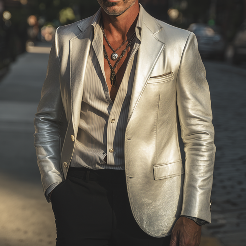 Homme Blazer en Cuir PU Argenté – Veste Vintage avec Revers