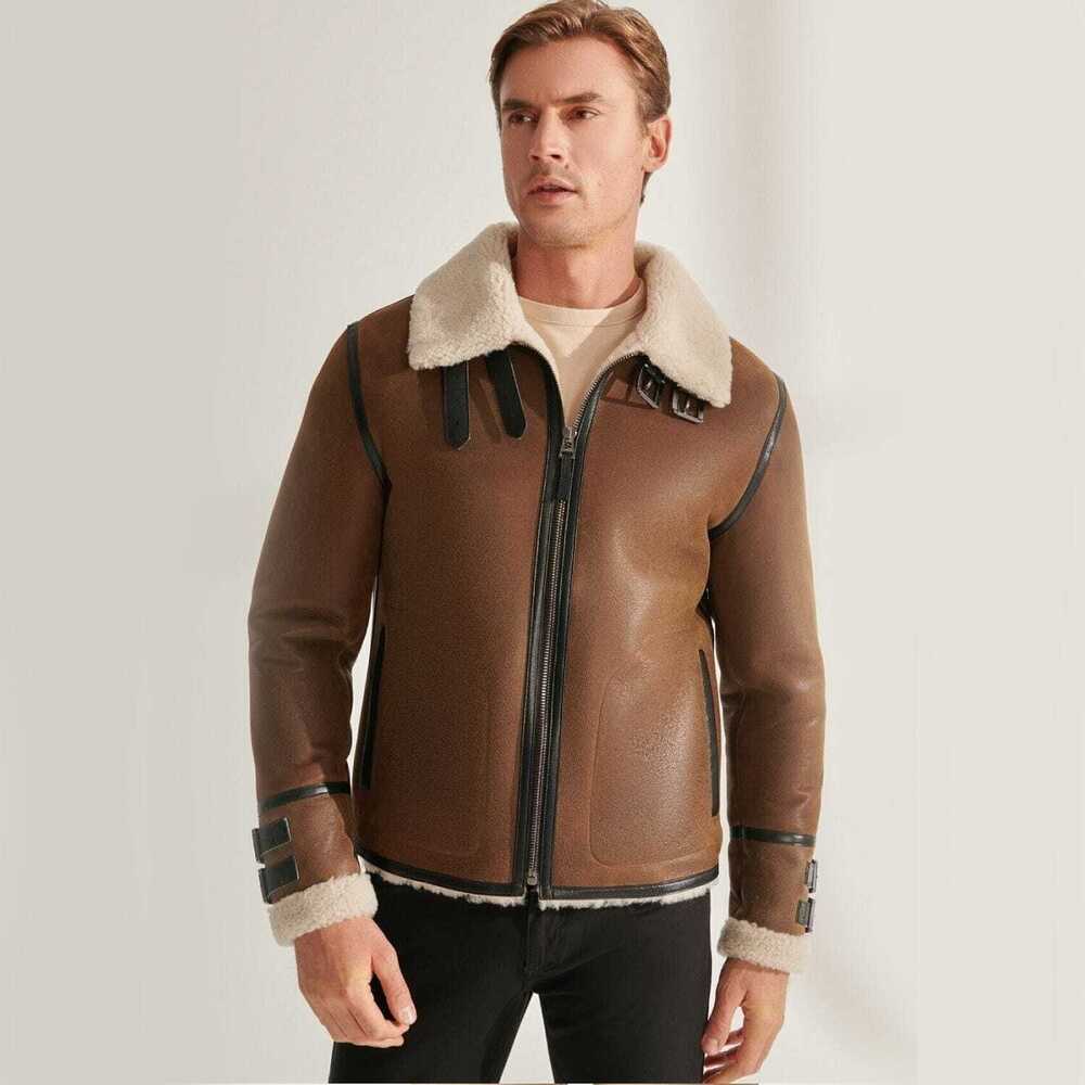 Inigo - Bomber en peau de mouton élégant pour hommes, manteau d'hiver brun