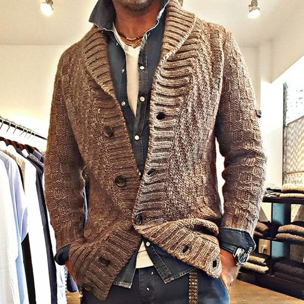 Cardigan vintage tricoté pour hommes – Gilet en laine chaud avec col à revers marron