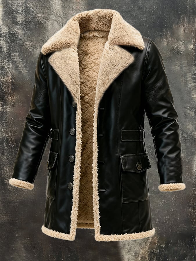 Herren Retro Plüsch Warm Großes Revers Lange Jacke Windbreaker