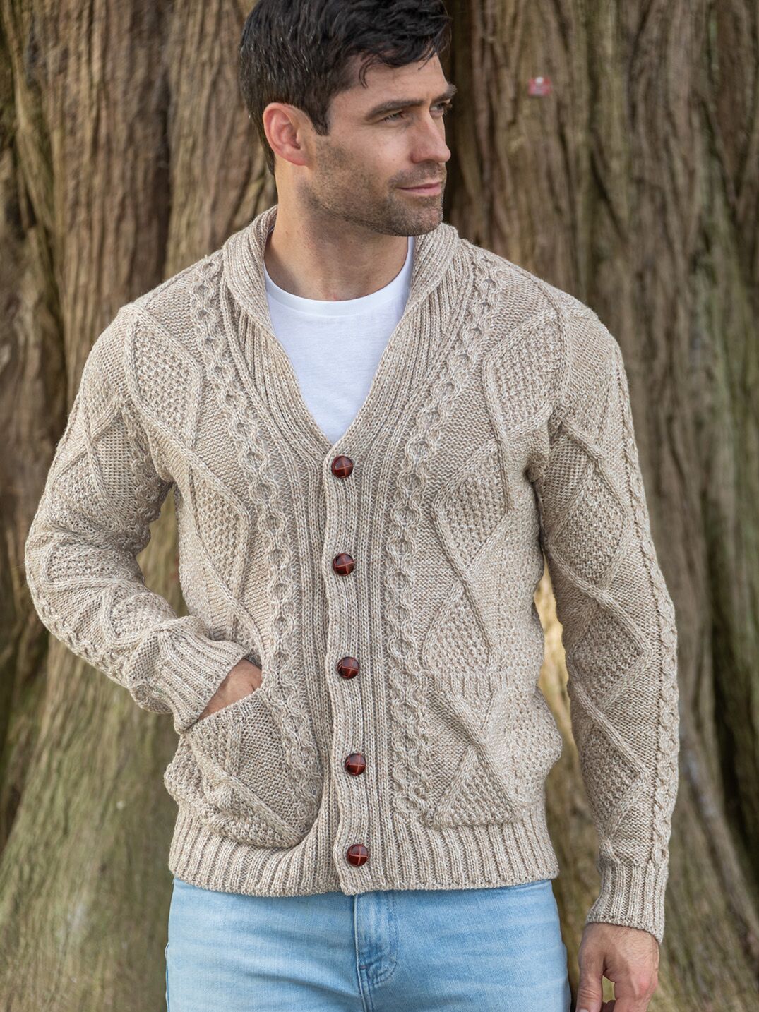 Carlos - Pull en V en maille torsadée pour homme - Beige