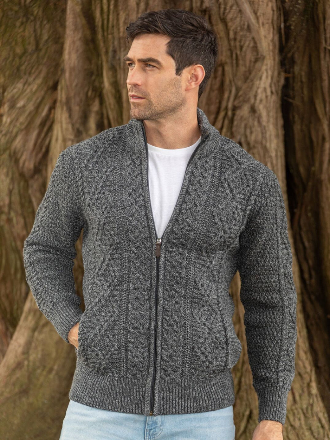 Bernardo - Cardigan homme à fermeture éclair complète – Gilet Old Money en maille torsadée – Vert / Gris